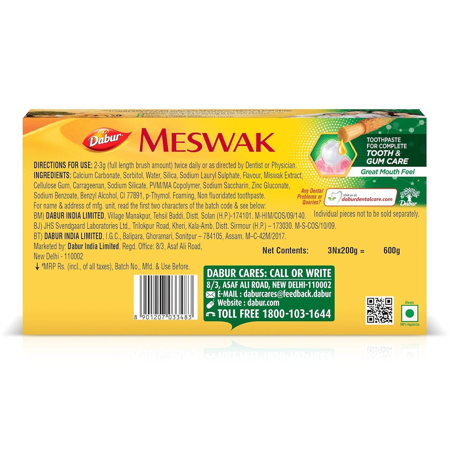 Dabur Meswak Complete Oral Care Toothpaste - 600g (200gx 3, Pack of 3)