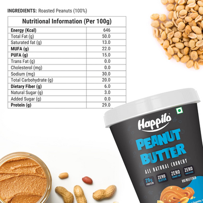 Happilo All Natural Unsweetened Peanut Butter Crunchy 1Kg, Protein Rich, Roasted Peanuts, No Added Sugar