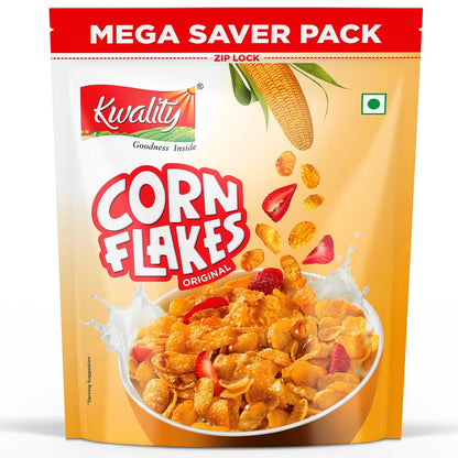 Kwality Corn Flakes 1kg | Made with Golden Corns | 99% Fat Free, Natural Source of Vitamin & Iron | Healthy Food & Breakfast Cereal |l