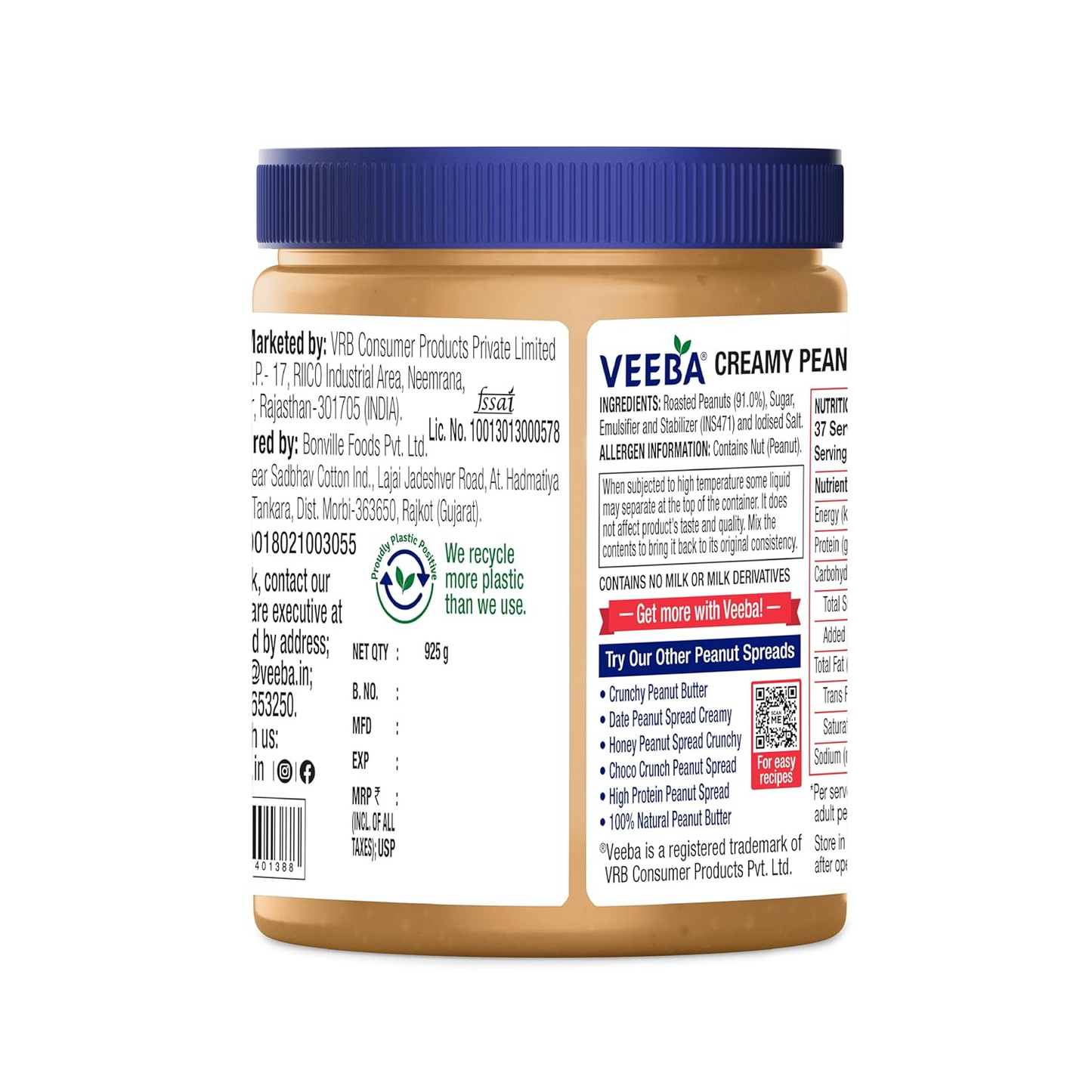 Veeba Creamy Peanut Butter| High Protein | Naturally Gluten Free 925 g