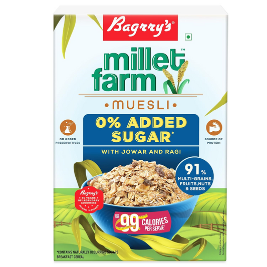 Bagrry’s Millet Farm, 0% Added Sugar Millet Muesli, 500g| No Added Sugar, Multigrain Millet Muesli with Ragi, Jowar, Wheat, Rolled Oats, Fruit, seeds