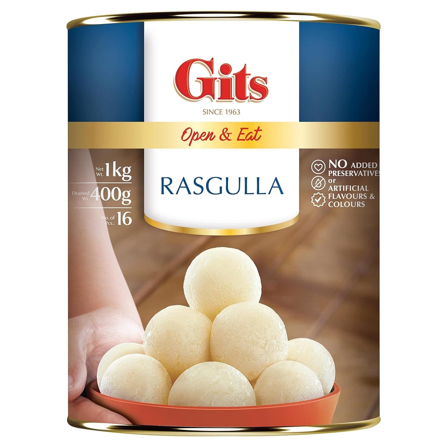 Gits Open & Eat Rasgulla Tin, 16 Pieces per Can, Mouth-Watering Indian Mithai, 1Kg