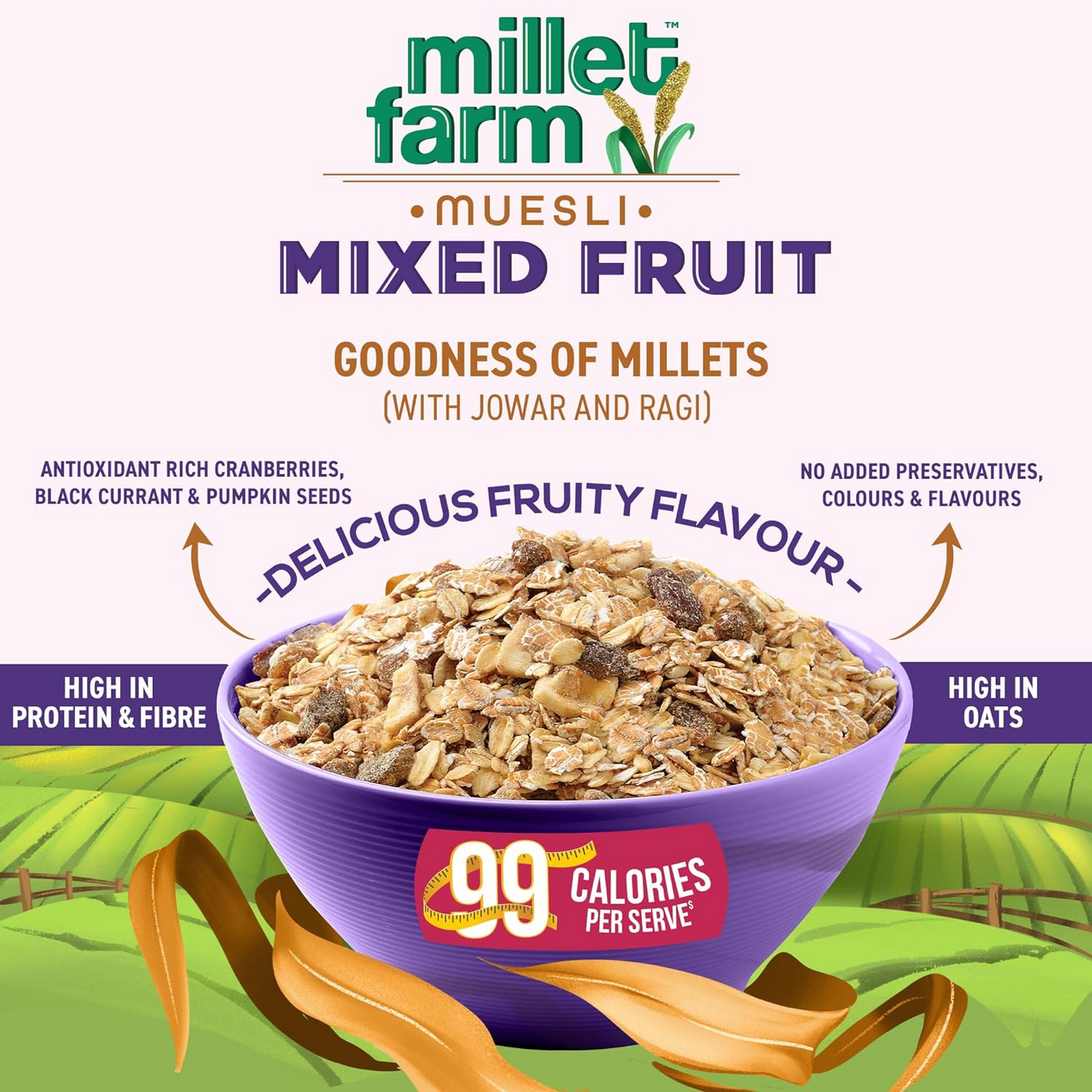 Bagrry’s Millet Farm, 0% Added Sugar Millet Muesli, 500g| Ragi, Jowar, Wheat, Rolled Oats, Fruit, Nuts, Seeds|