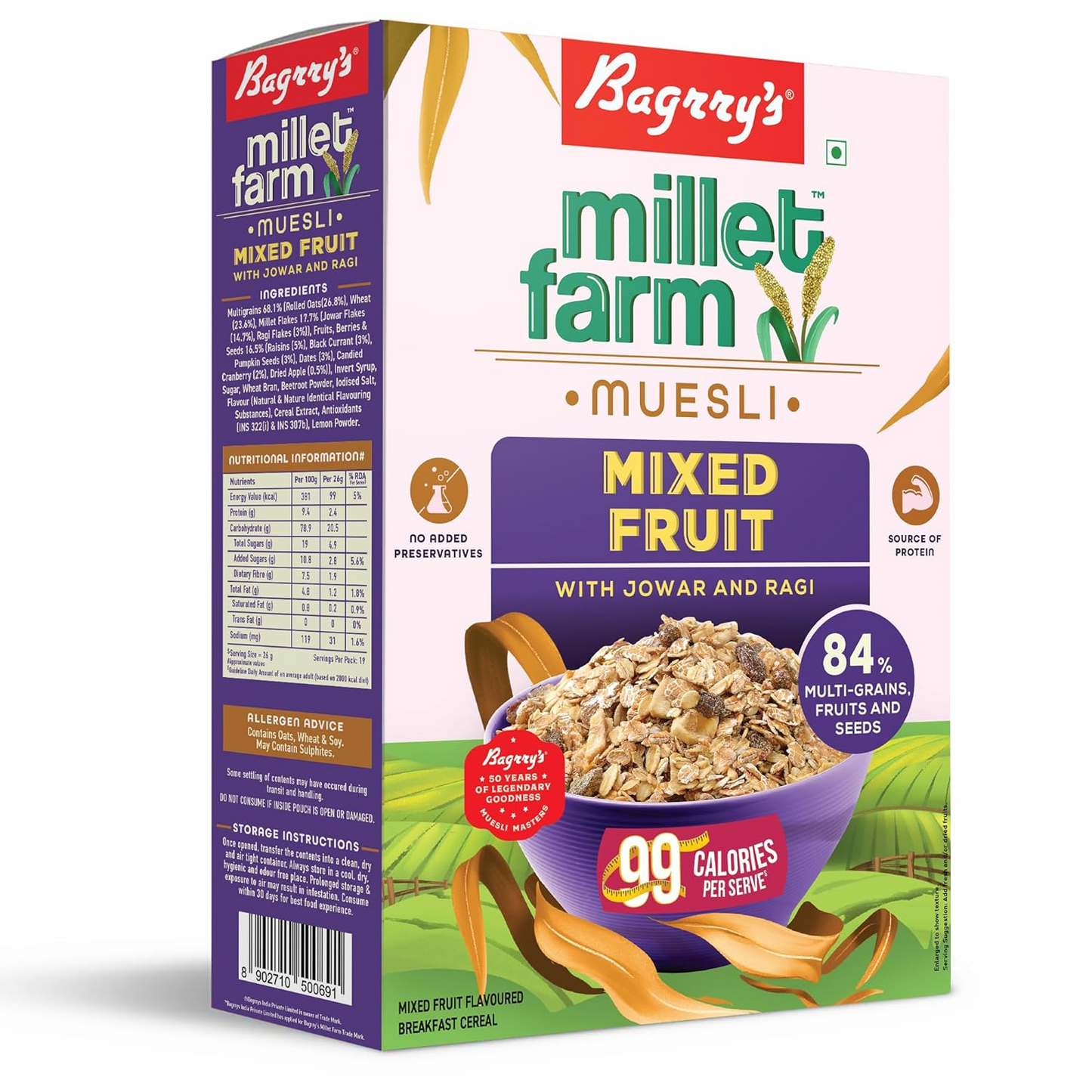 Bagrry’s Millet Farm, 0% Added Sugar Millet Muesli, 500g| Ragi, Jowar, Wheat, Rolled Oats, Fruit, Nuts, Seeds|