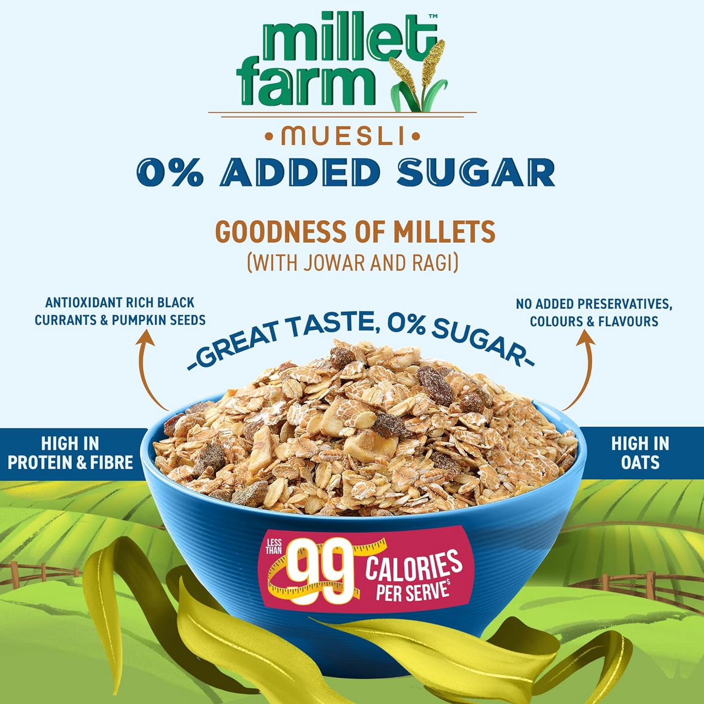 Bagrry’s Millet Farm, 0% Added Sugar Millet Muesli, 500g| No Added Sugar, Multigrain Millet Muesli with Ragi, Jowar, Wheat, Rolled Oats, Fruit, seeds