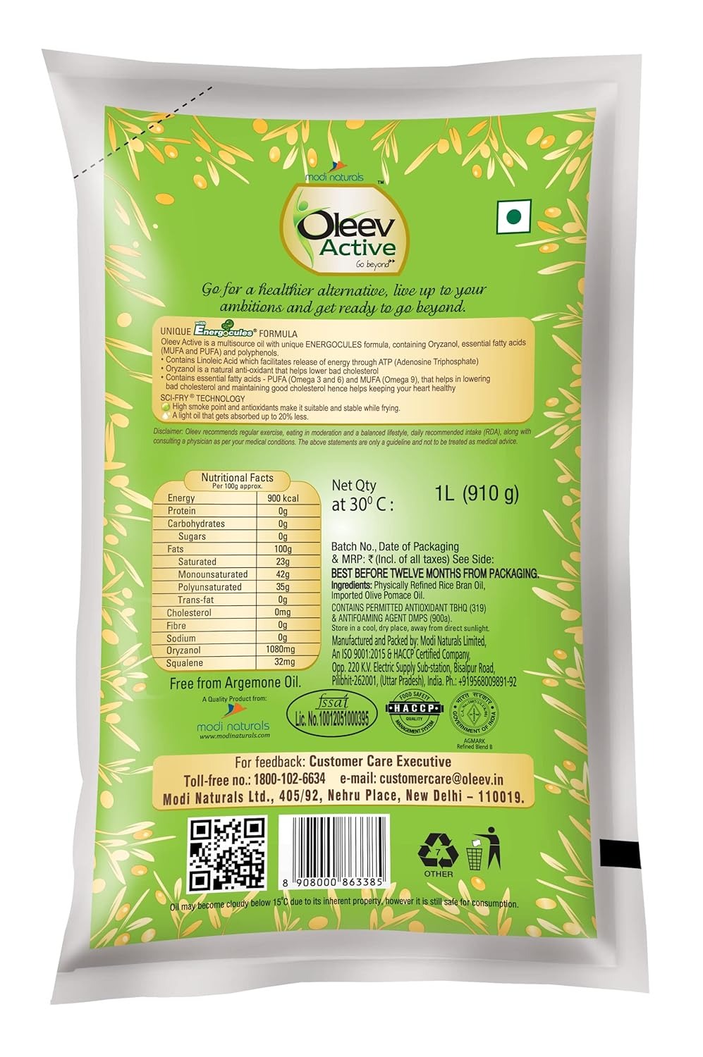 Oleev Active, with Goodness of Olive Oil, 1L Pouch