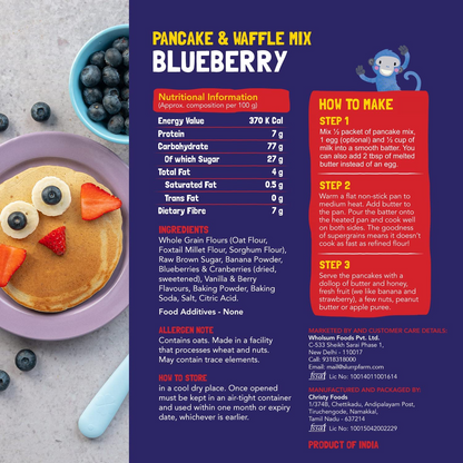 Slurrp Farm No Maida Pancake Mix | Instant Breakfast Mix made with Oats and Jowar | 100% Vegetarian | Blueberry and Classic Combo- 150g X 2