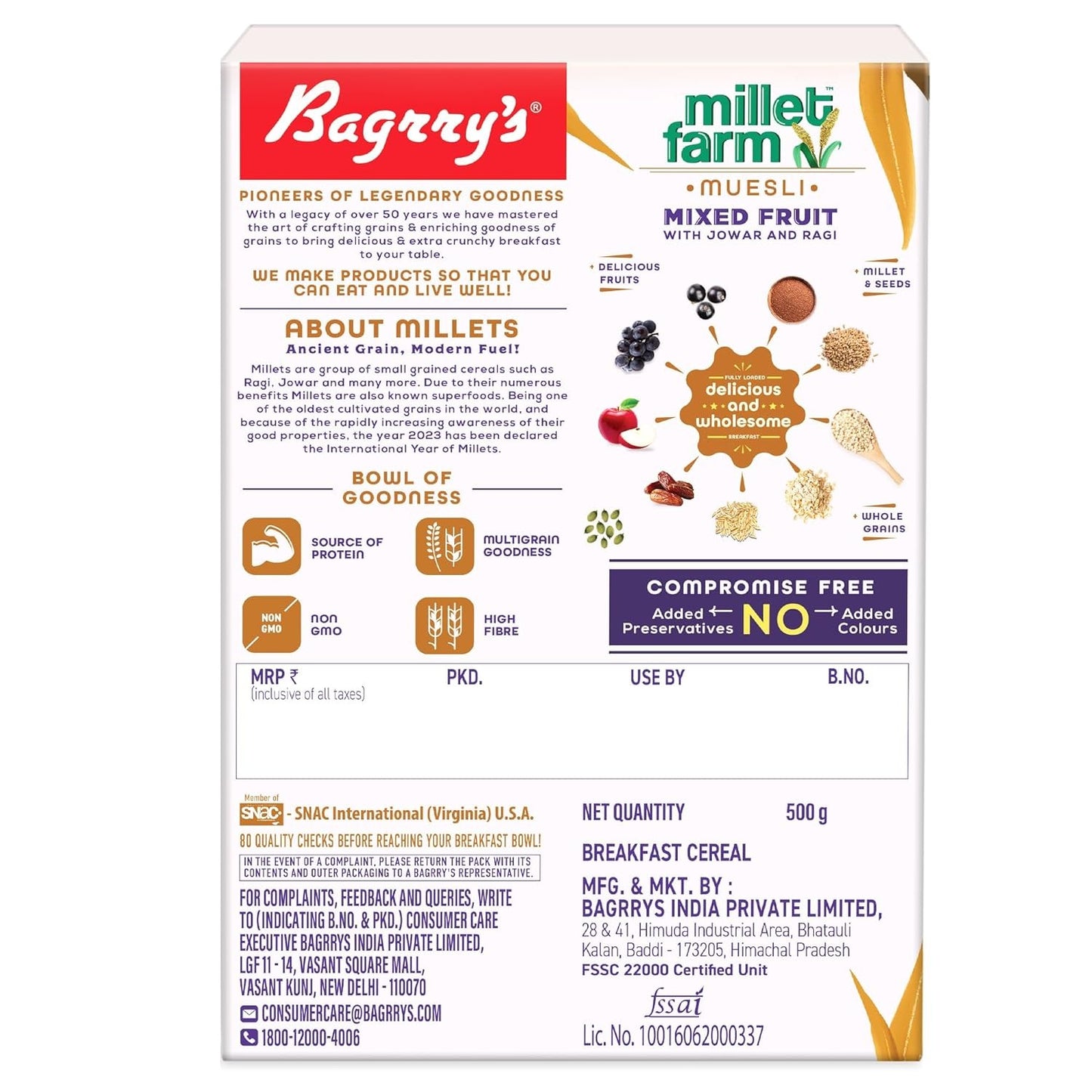 Bagrry’s Millet Farm – Mixed Fruit Muesli with Jowar and Ragi 500 Gm Box | Millet Muesli