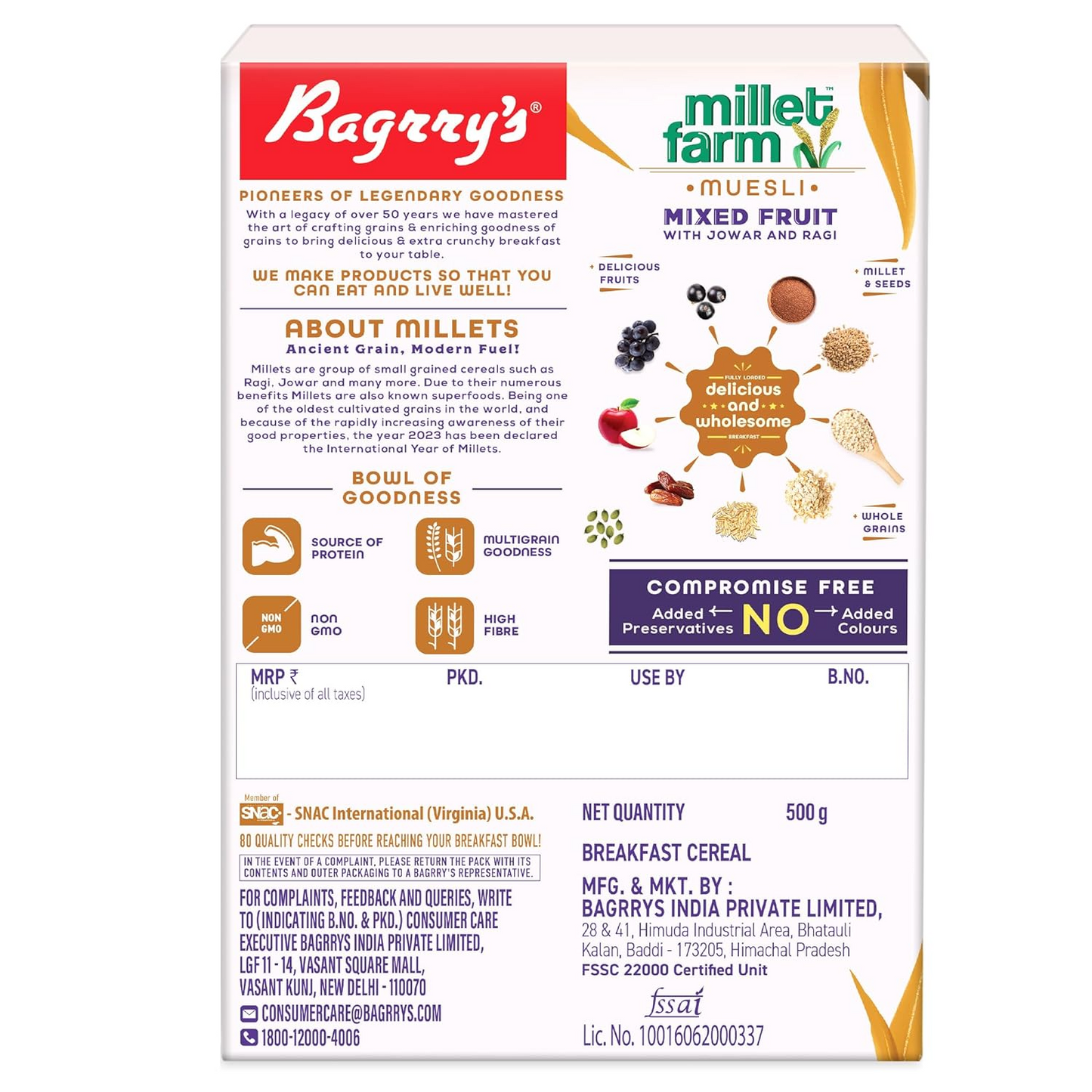 Bagrry’s Millet Farm, 0% Added Sugar Millet Muesli, 500g| Ragi, Jowar, Wheat, Rolled Oats, Fruit, Nuts, Seeds|