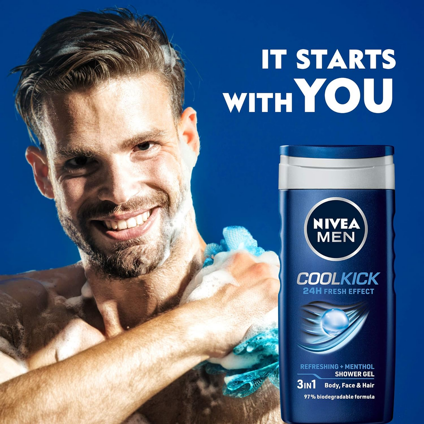 NIVEA MEN Cool Kick 250ml Body Wash| Shower Gel for Face, Body & Hair| Refreshing Icy MENthol|24 H Freshness |For All Skin & Hair Types