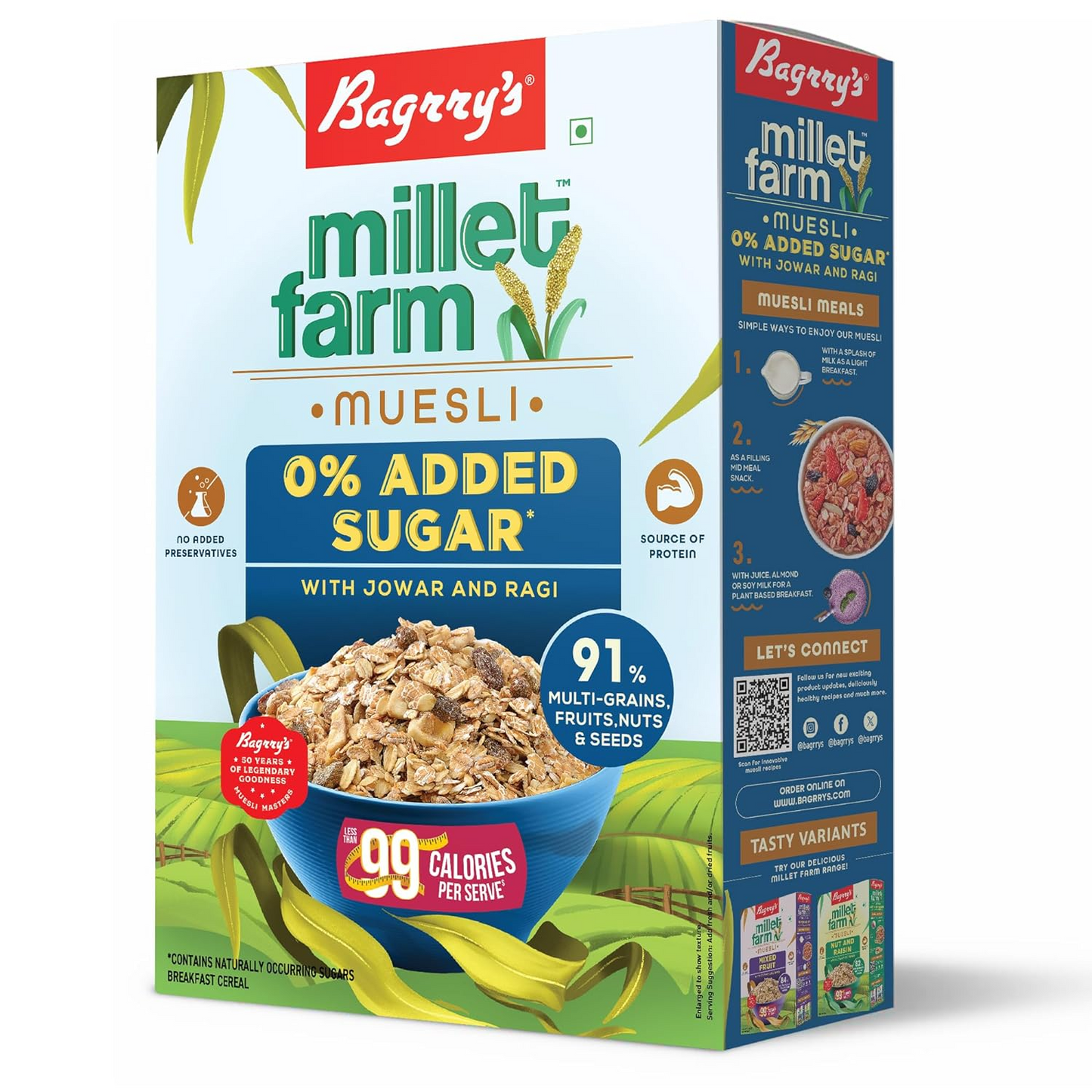 Bagrry’s Millet Farm, 0% Added Sugar Millet Muesli, 500g| No Added Sugar, Multigrain Millet Muesli with Ragi, Jowar, Wheat, Rolled Oats, Fruit, seeds