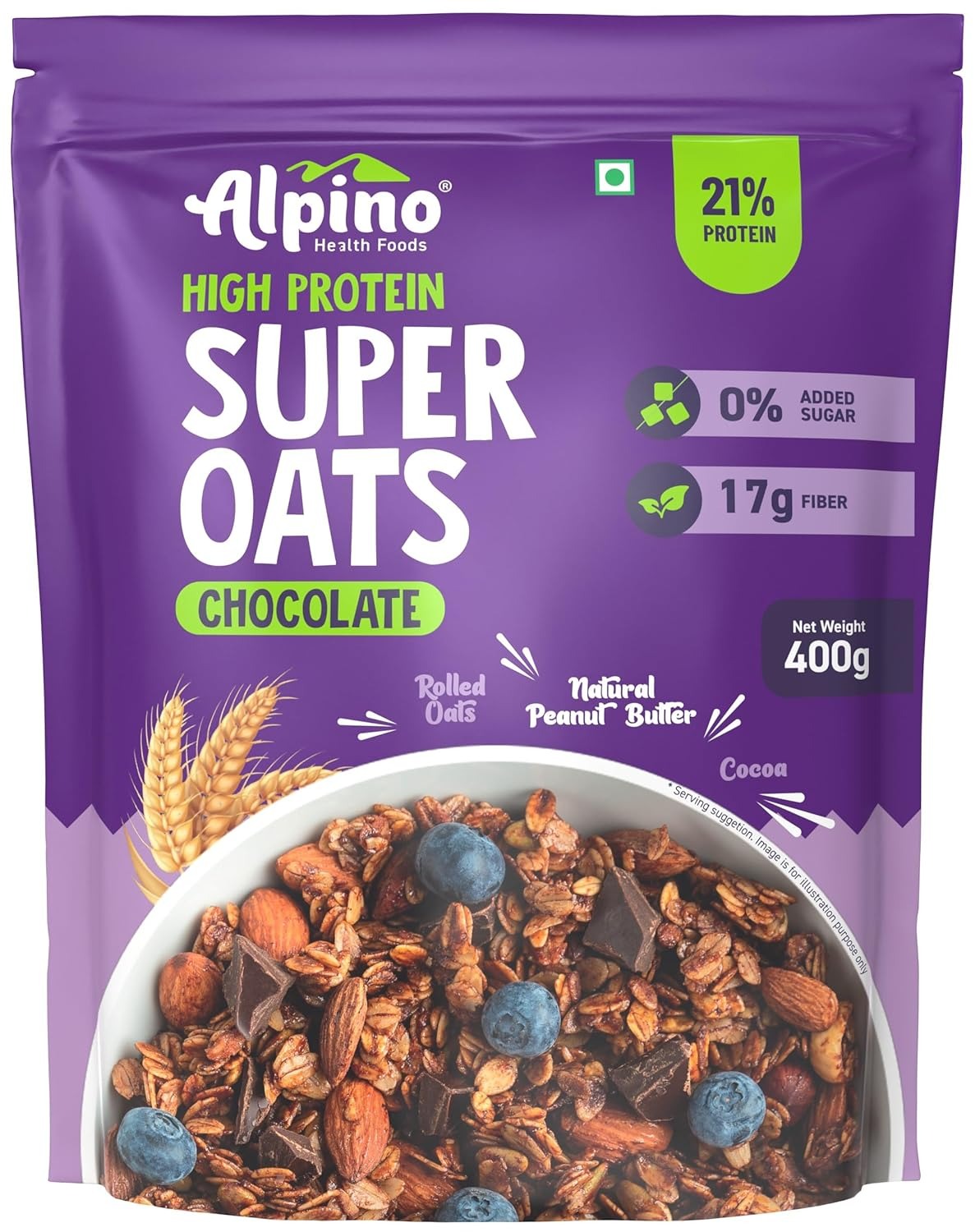 ALPINO High Protein Super Rolled Oats Chocolate - Rolled Oats, Natural Peanut Butter & Cocoa Powder |No Added Sugar & Salt, Gluten Free 400 G