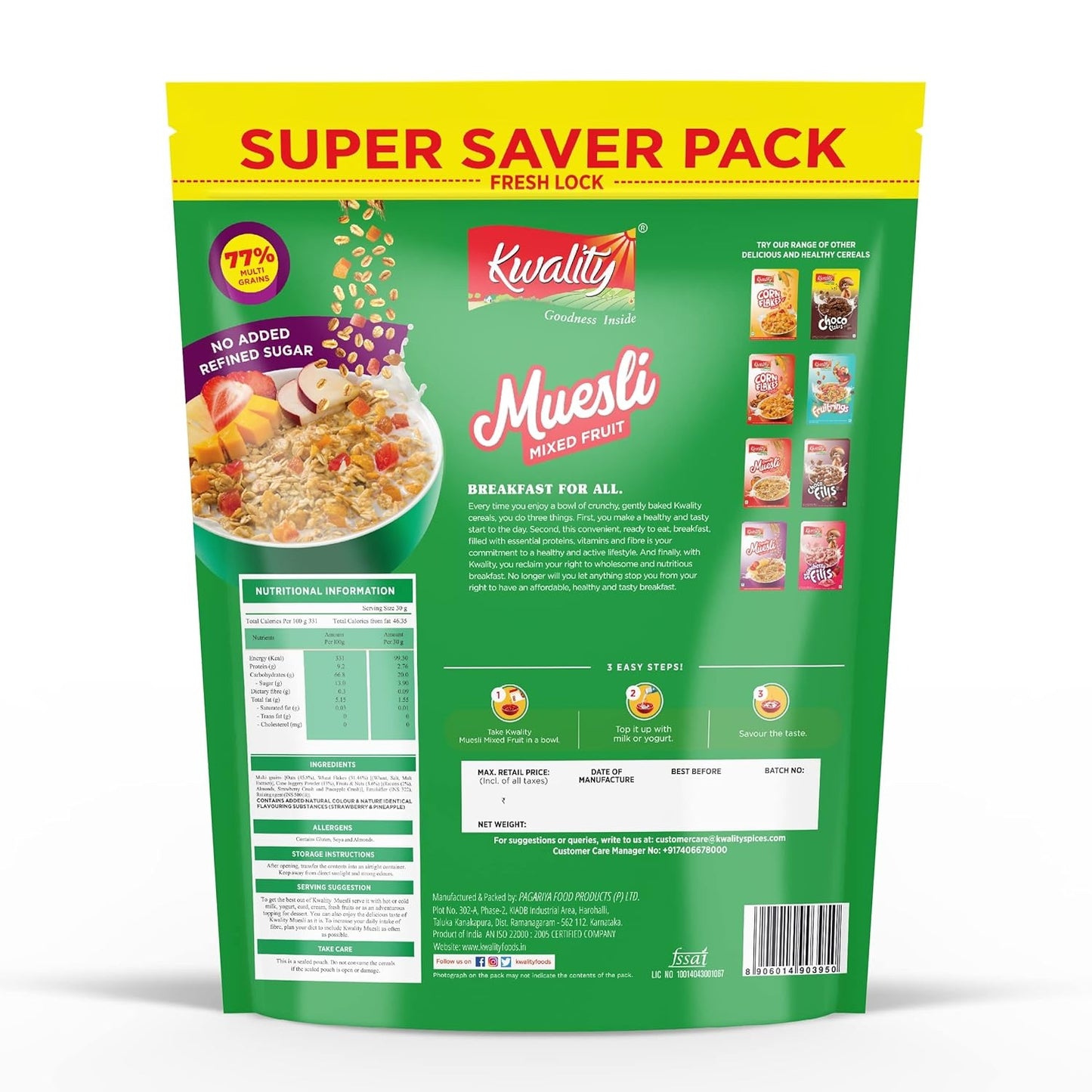 Kwality Muesli Mixed Fruit Super Saver Pack 700g | Zero Cholesterol and Trans Fat | No Added Refined Sugar | Healthy Food & Breakfast Cereal