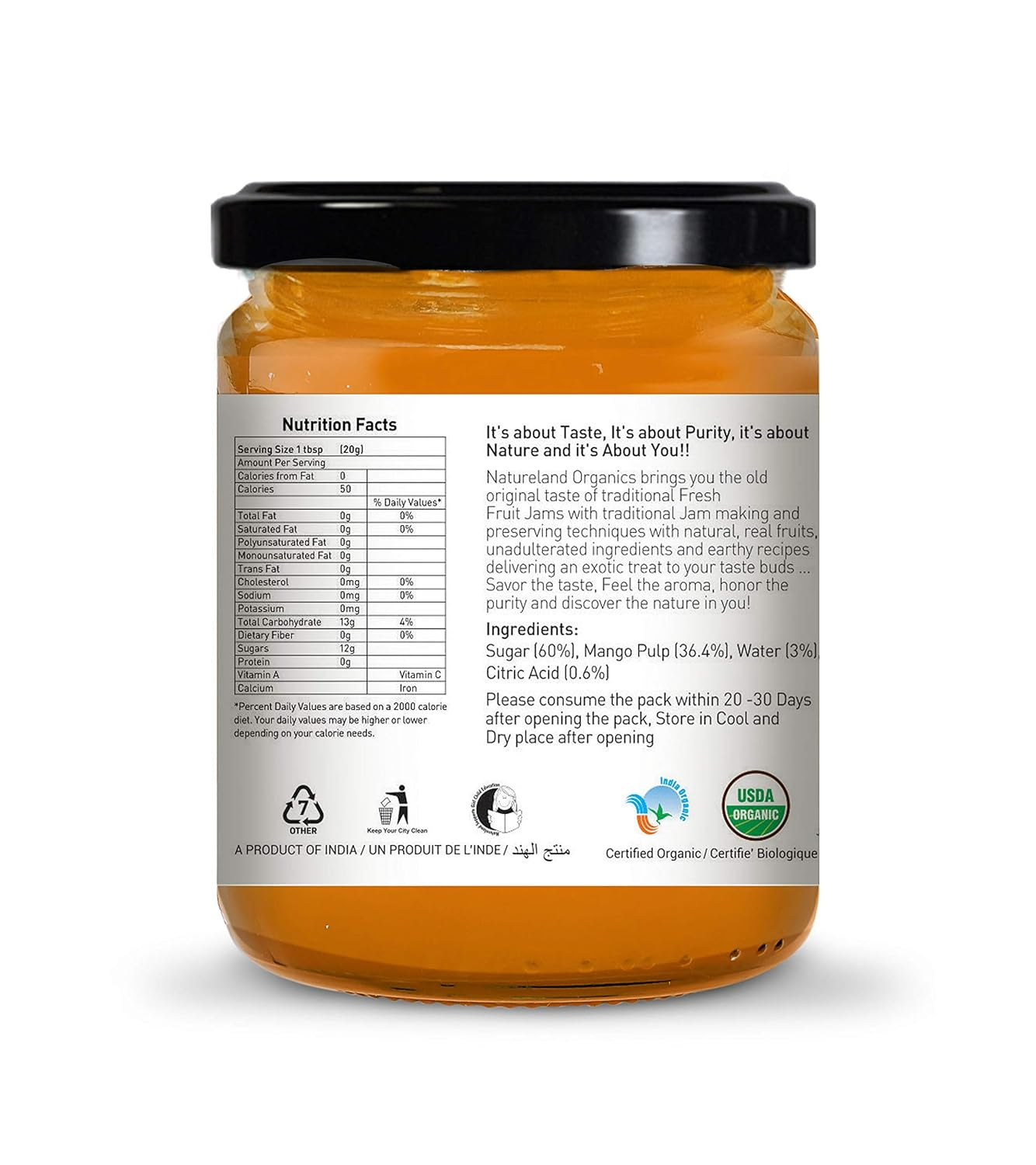 Natureland Organics Mango Jam 250 Gm - Healthy Organic Jams