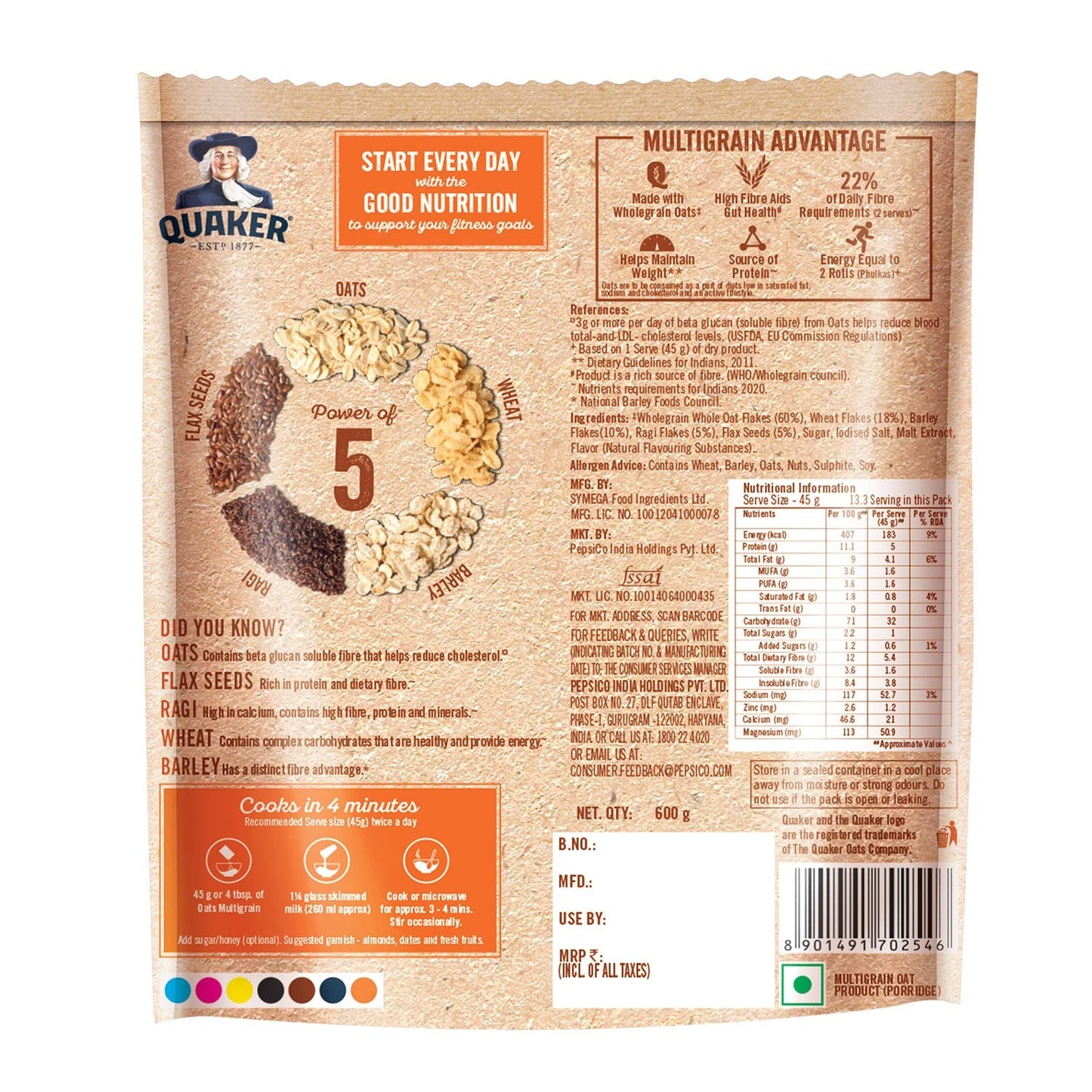 Quaker Oats Multigrain 600g, Rolled Oats Wholegrain, High Protein & Fibre for Weight Loss, Dalia Porridge