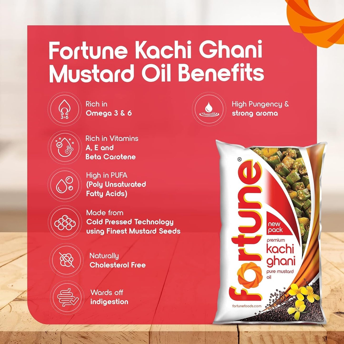 Fortune Premium Kachi Ghani Pure Mustard Oil, 1 ltr pouch