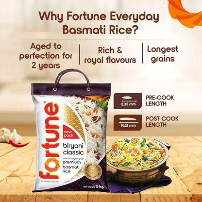 Fortune Biryani Classic, Premium basmati Raw Rice,Aged for 2 Years, 5 KG