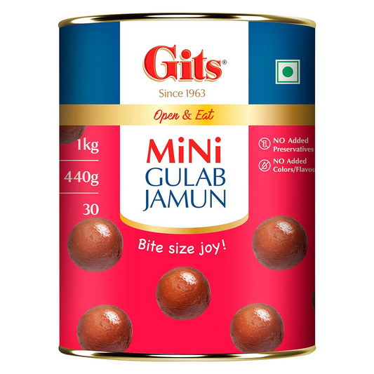 Gits Open & Eat Mini Gulab Jamun, 30 Pieces Per Can, Mouth-Watering Indian Mithai, 1Kg