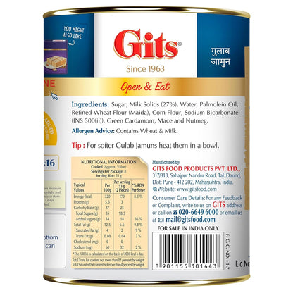 Gits Open & Eat Gulab Jamun Tin, 16 Pieces per Can, Mouth-Watering Indian Mithai, 1Kg