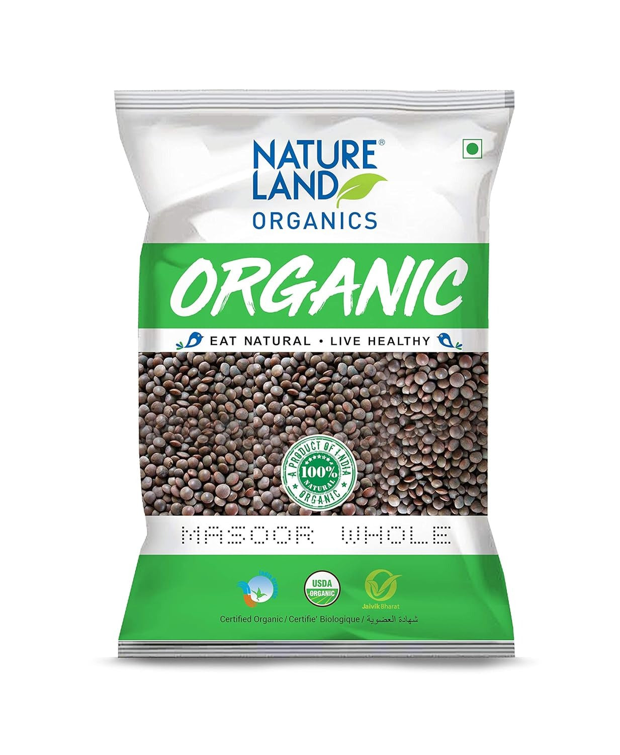 Natureland Organics Masoor Whole/Sabut 1 Kg - Organic Healthy Pulses