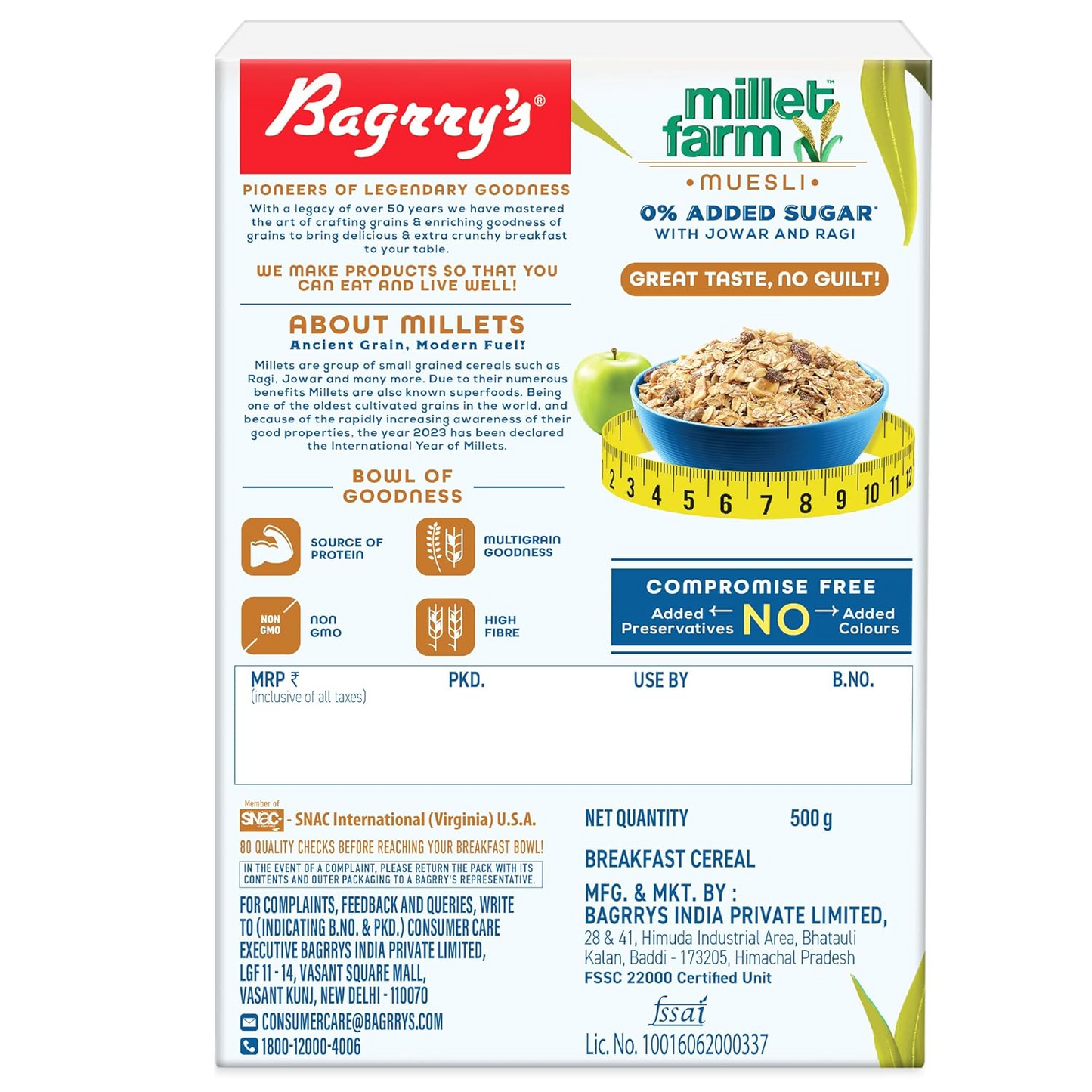 Bagrry’s Millet Farm, 0% Added Sugar Millet Muesli, 500g| No Added Sugar, Multigrain Millet Muesli with Ragi, Jowar, Wheat, Rolled Oats, Fruit, seeds