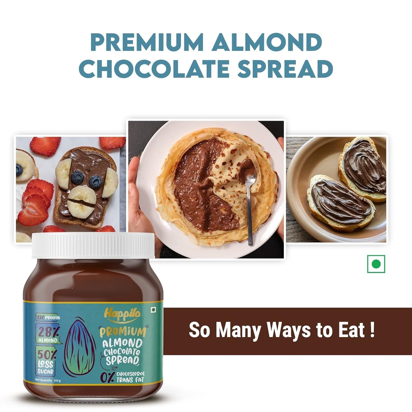 Happilo Premium Chocolate Almond Spread 350g, Low Carb Chocolate Dessert Spread, Smooth & Delicious