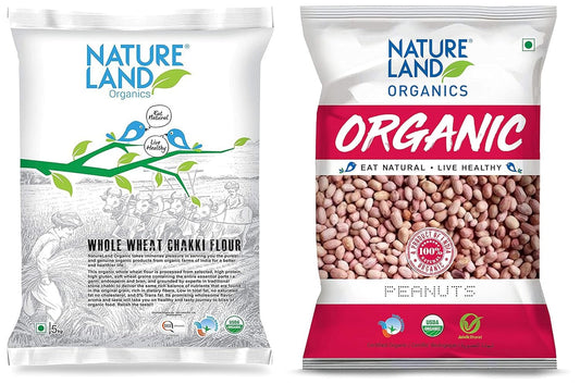 Natureland Organics Whole Wheat Flour Bag, 5 kg & Whole Peanuts / Groundnuts 500 Gm - Organic Peanuts