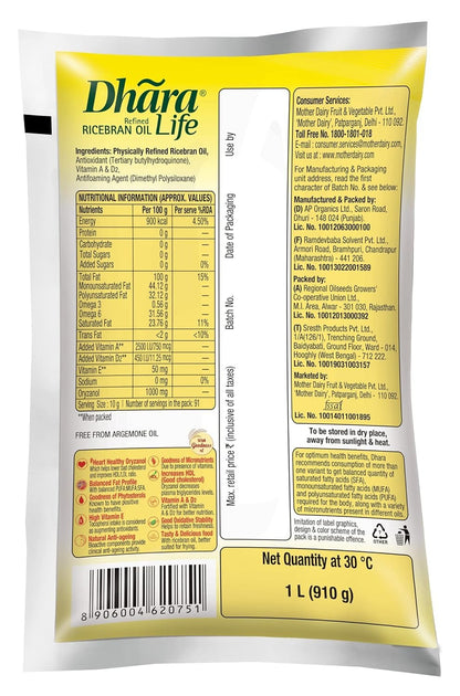 Dhara Life Refined Ricebran Oil Pouch, 1L