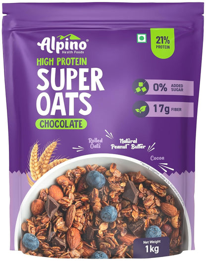 ALPINO High Protein Super Rolled Oats Chocolate 1kg - Rolled Oats, Natural Peanut Butter & Cocoa Powder | No Added Sugar & Salt