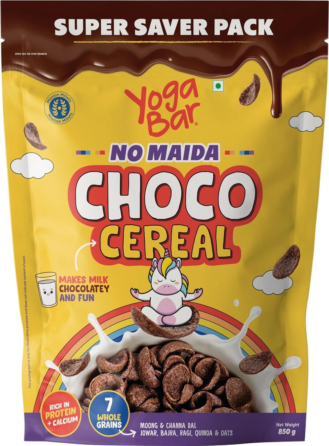 Yogabar Multigrain Chocos Cereal for Breakfast, Zero Maida, Delicious Chocolate ,Contains Jowar, Bajra, Ragi, Quinoa & Oats, 850g