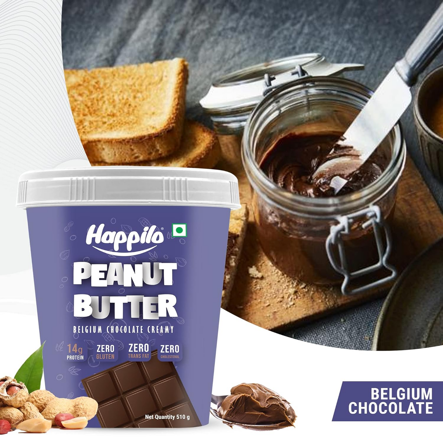 Happilo Belgium Chocolate Peanut Butter Creamy 500g, Protein Rich, Roasted Peanuts, No Added Sugar