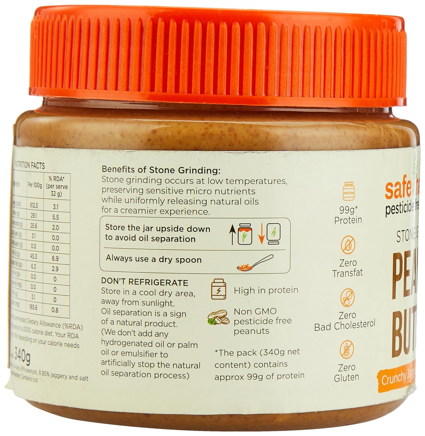 Safe Harvest Pesticide Free Peanut Butter - Crunchy Jaggery Sweetened - 340 Grams