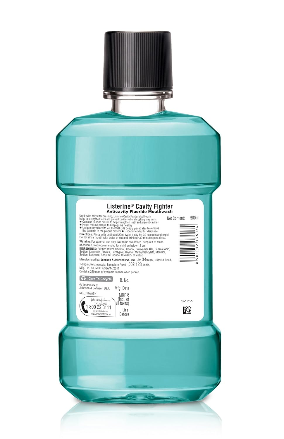 Listerine Cavity Fighter Mouthwash Liquid, Removes 99.9% Germs, prevents cavities, 500ml