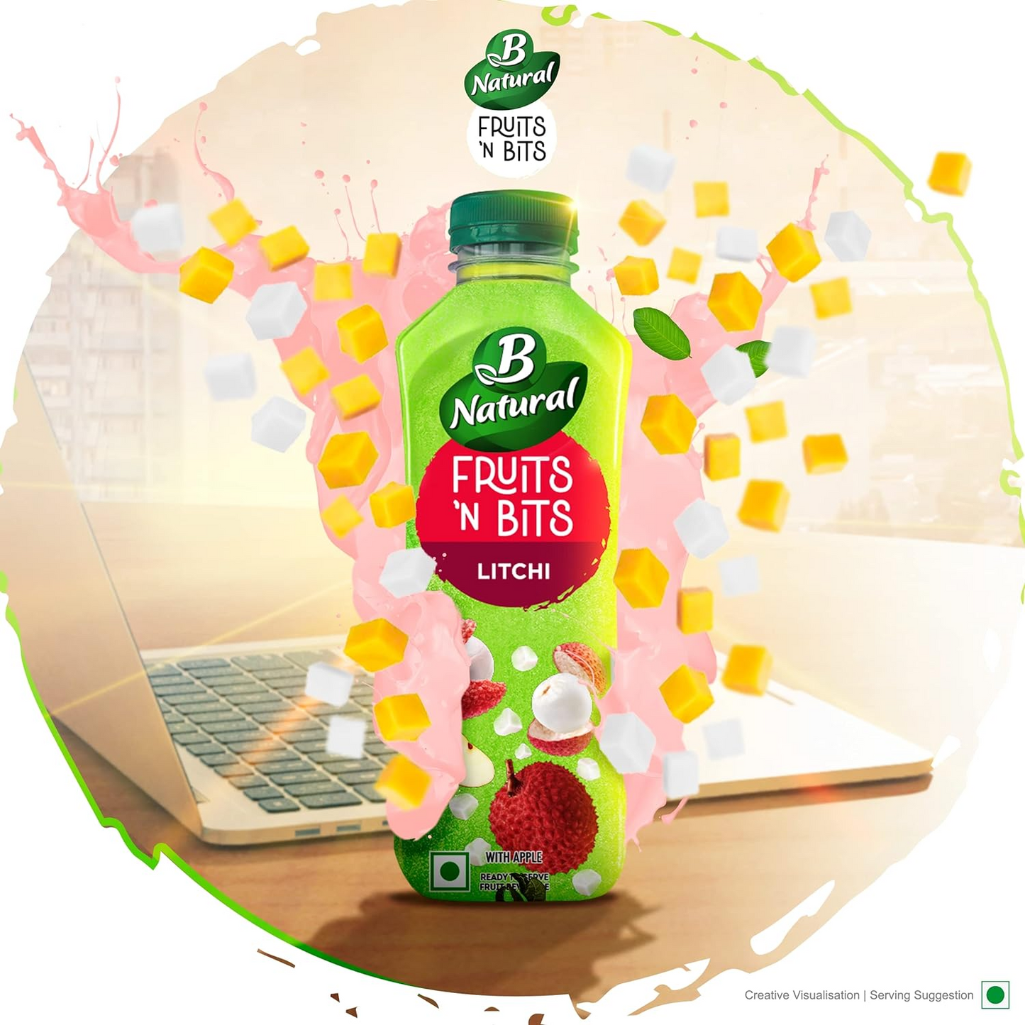 B Natural Fruits N Bits Litchi, Infused with Real Fruit Bits, 300ml, 100% Indian Fruit, 0% Concentrate, Goodness of Fiber, No Added Preservatives