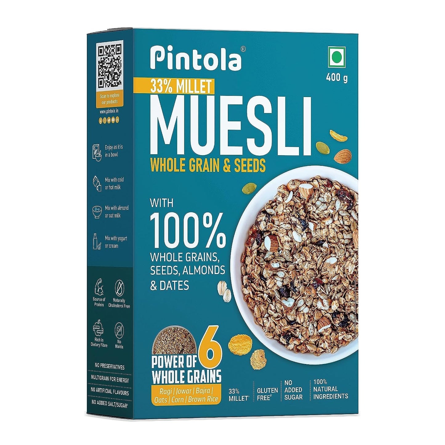 Pintola Wholegrain & Seeds Muesli with 33% Millet 400g, Cereals for Breakfast with 26% Nuts, Seeds & Dates|