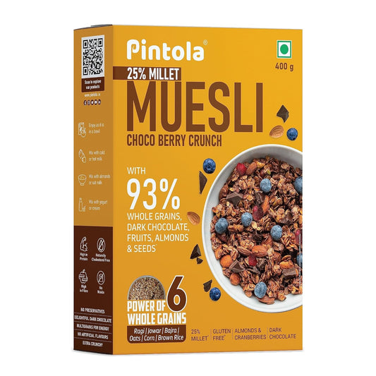 Pintola Dark Chocolate & Cranberry Muesli with 25% Millet & 60% Wholegrains 400g, Cereals for Breakfast with 6 Varied Nuts & Seeds|