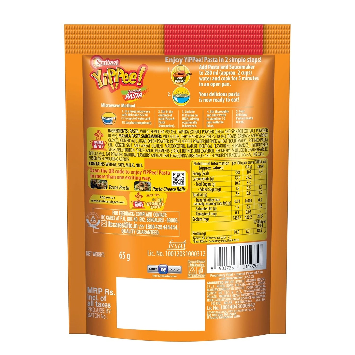 Sunfeast YiPPee! Tricolor Pasta |Soft and Tasty Suji, Rawa Pasta|Masala |65 grams Pack