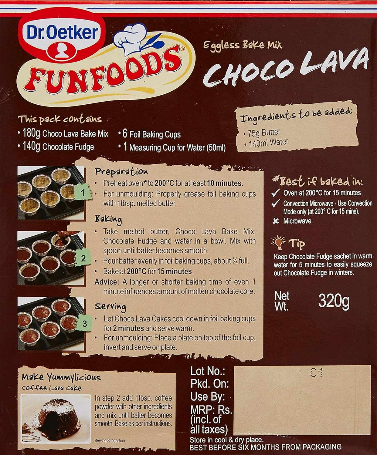 Dr. Oetker FunFoods Eggless Bake Mix Choco Lava, 320g, Makes 6 cakes