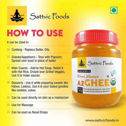 SATTVIC FOODS  Organic A2 Desi Gir Cow Ghee (Traditional Bilona Method) 450g Jar