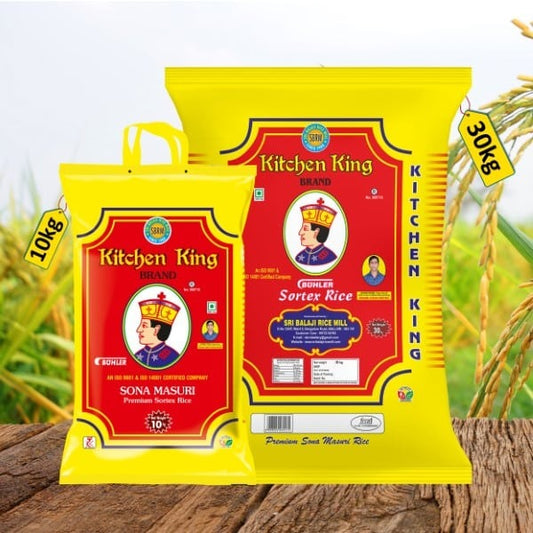 Sona Masuri New Ponni Steam Rice (0-6 months old) – Kitchen King Combo Pack ( 30 kg & 10 kg )