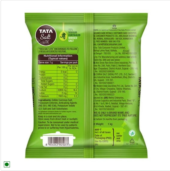 Tata Salt Lite - 15% Low Sodium Iodised Salt, Helps Blood Pressure & For Healthy Lifestyle, 1 kg Pouch