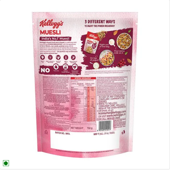 Kelloggs Muesli Fruit Nut & Seeds - 12-In-1 Power Breakfast, India's No.1 Muesli, 500 g