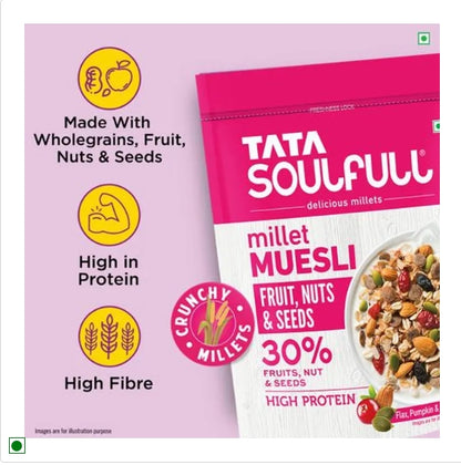 Tata Soulfull Millet Muesli, Fruit, Nuts & Seeds, 30% Fruits, Nut & Seeds, 500 g