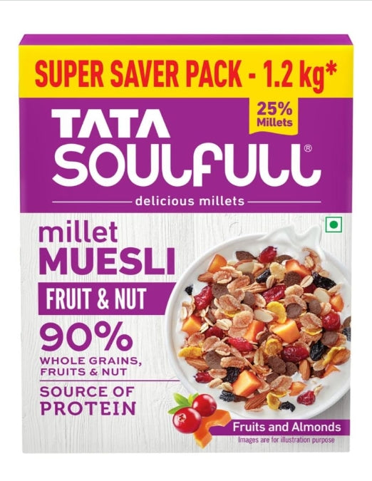 Tata Soulfull Millet Muesli, Fruit, Nuts & Seeds, 30% Fruits, Nut & Seeds, 500 g