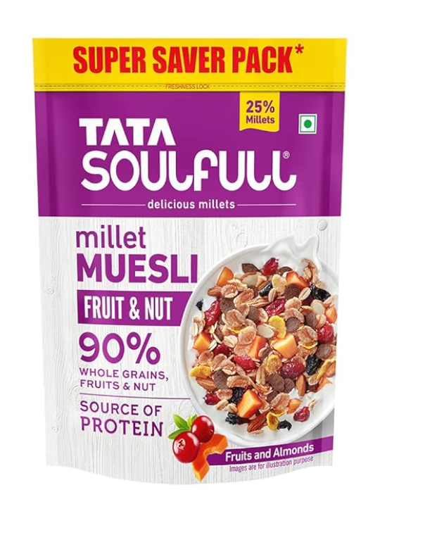 Tata Soulfull Millet Muesli, Fruit, Nuts & Seeds, 30% Fruits, Nut & Seeds, 500 g