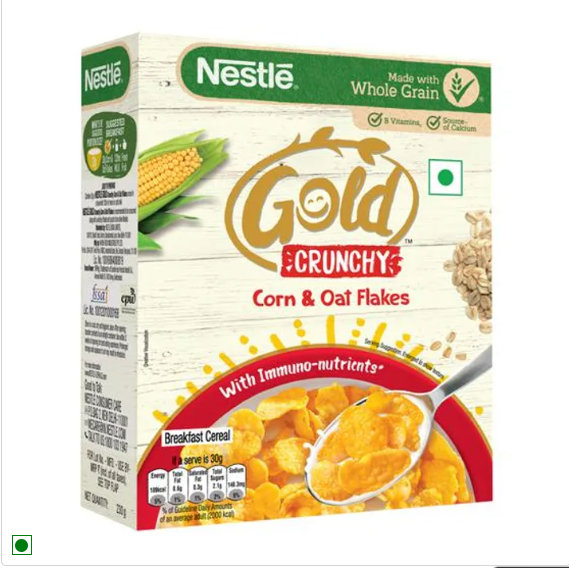 Nestle Gold Crunchy Corn & Oat Flakes Breakfast Cereal - With Immuno-Nutrients, Wholegrain, 230 g Box