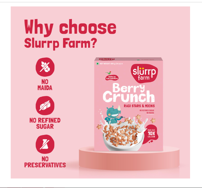 Slurrp Farm Berry Crunch Strawberry Cereal | No Maida, No Refined Sugar, No Added Colour | Ragi Stars and Moons | Healthy Breakfast | 400 g