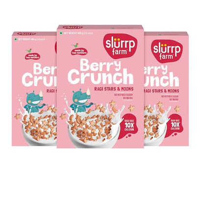 Slurrp Farm Berry Crunch Strawberry Cereal | No Maida, No Refined Sugar, No Added Colour | Ragi Stars and Moons | Healthy Breakfast | 400 g