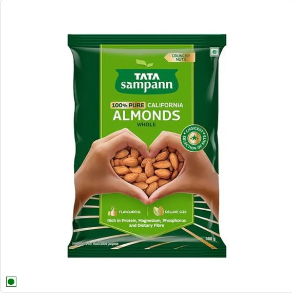 Tata Sampann 100% Pure California Almonds Whole - Premium Quality Badam Giri, Rich In Protein|Premium Nuts & Dry Fruits, 500 g Pouch