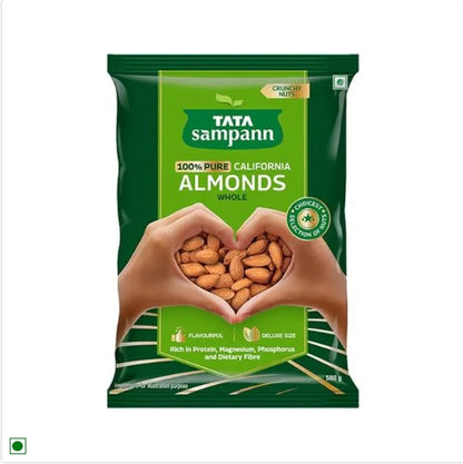 Tata Sampann 100% Pure California Almonds Whole - Premium Quality Badam Giri, Rich In Protein|Premium Nuts & Dry Fruits, 500 g Pouch